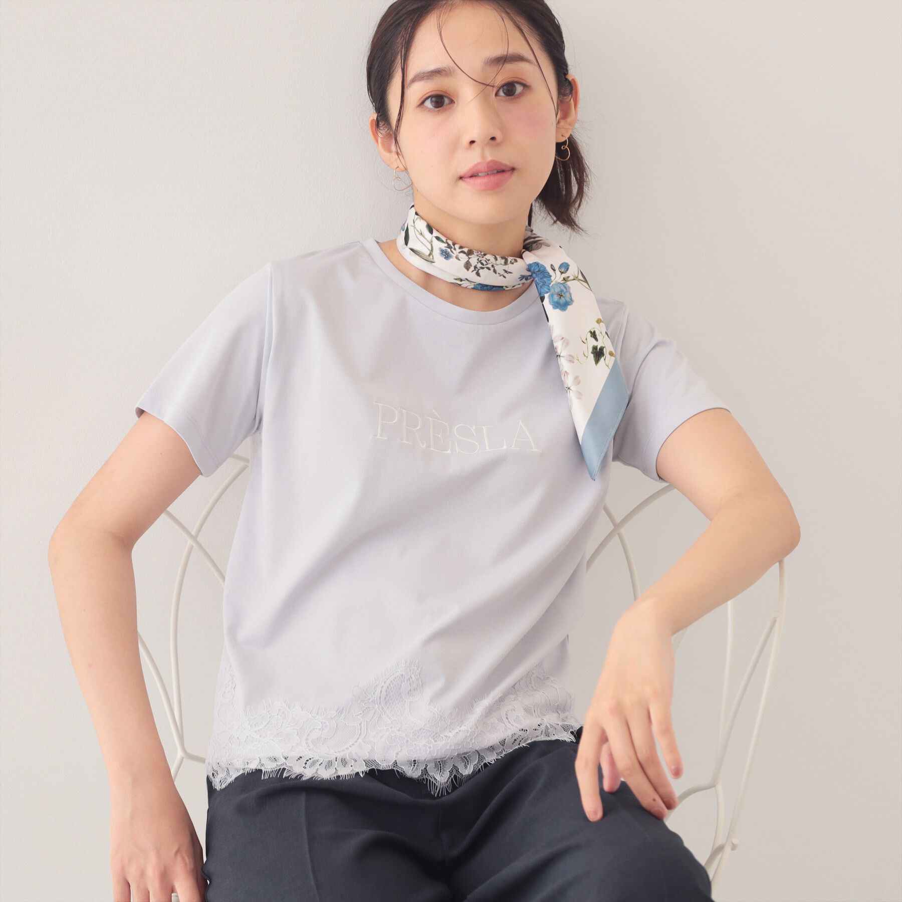 index「【接触冷感／UVケア】裾レースロゴTシャツ《洗濯機OK》」|Tシャツ・カットソー|サックスブルー(09