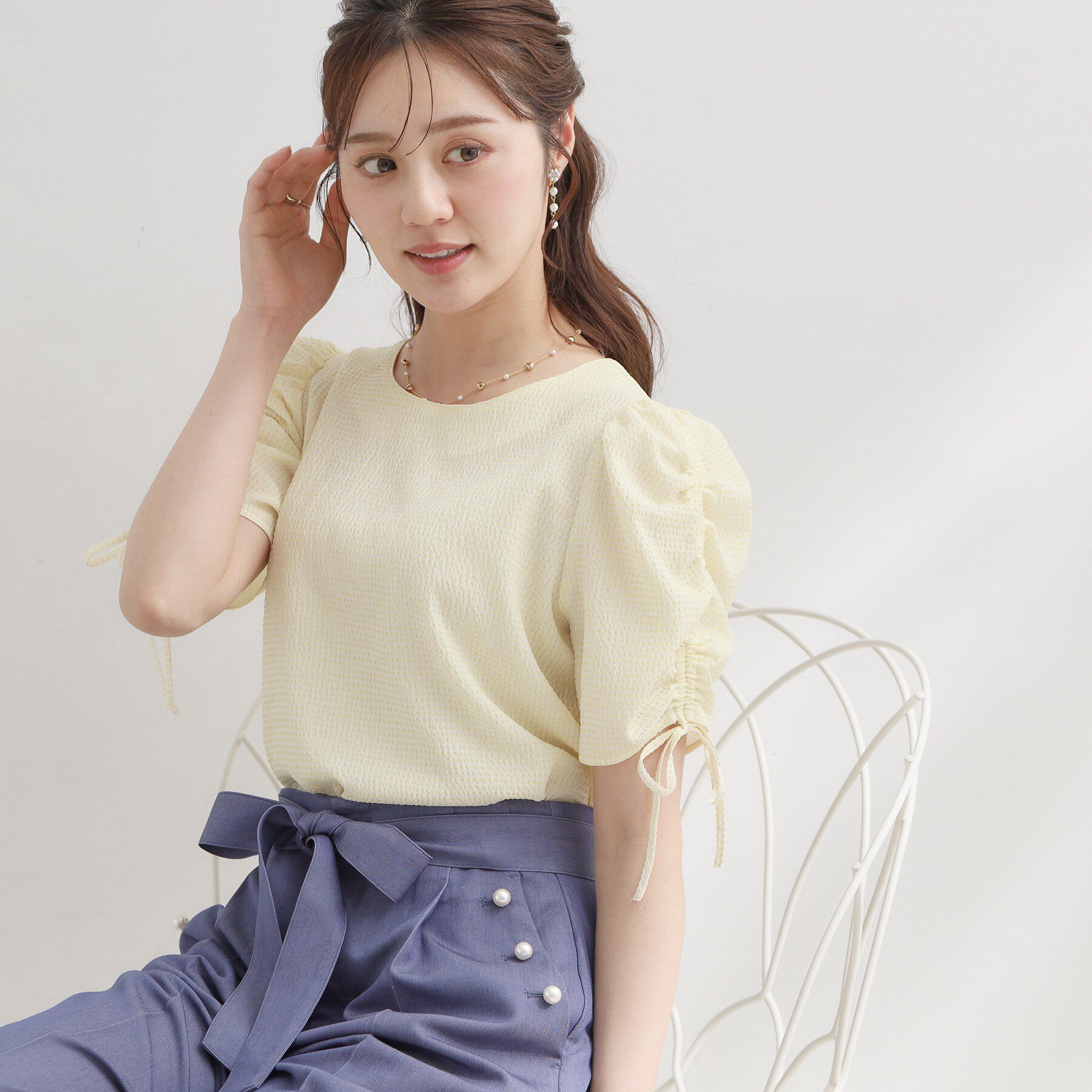 Couture broach「【洗える】シャーリング チェックブラウス」|シャツ・ブラウス|