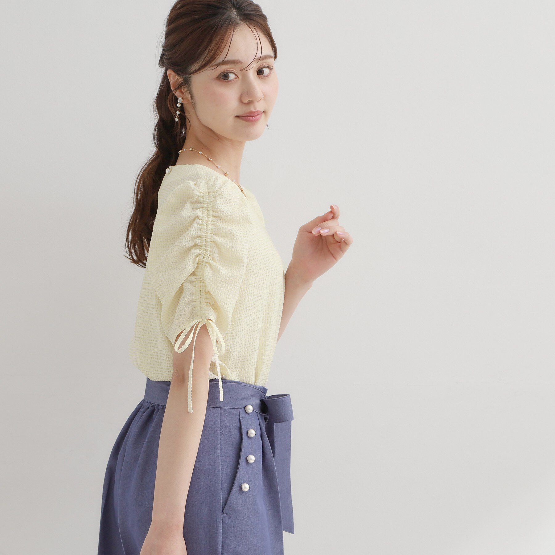 Couture broach「【洗える】シャーリング チェックブラウス」|シャツ・ブラウス|