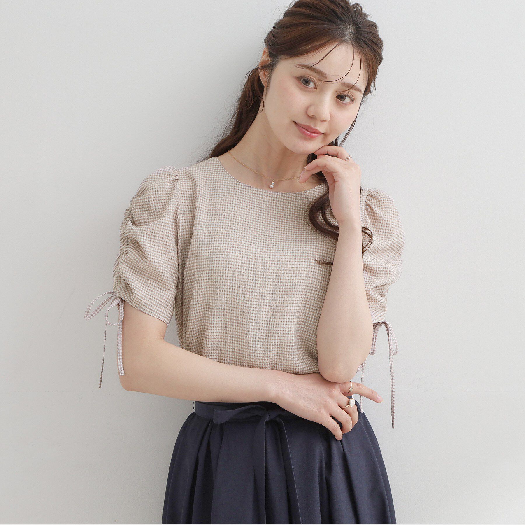 Couture broach「【洗える】シャーリング チェックブラウス」|シャツ・ブラウス|