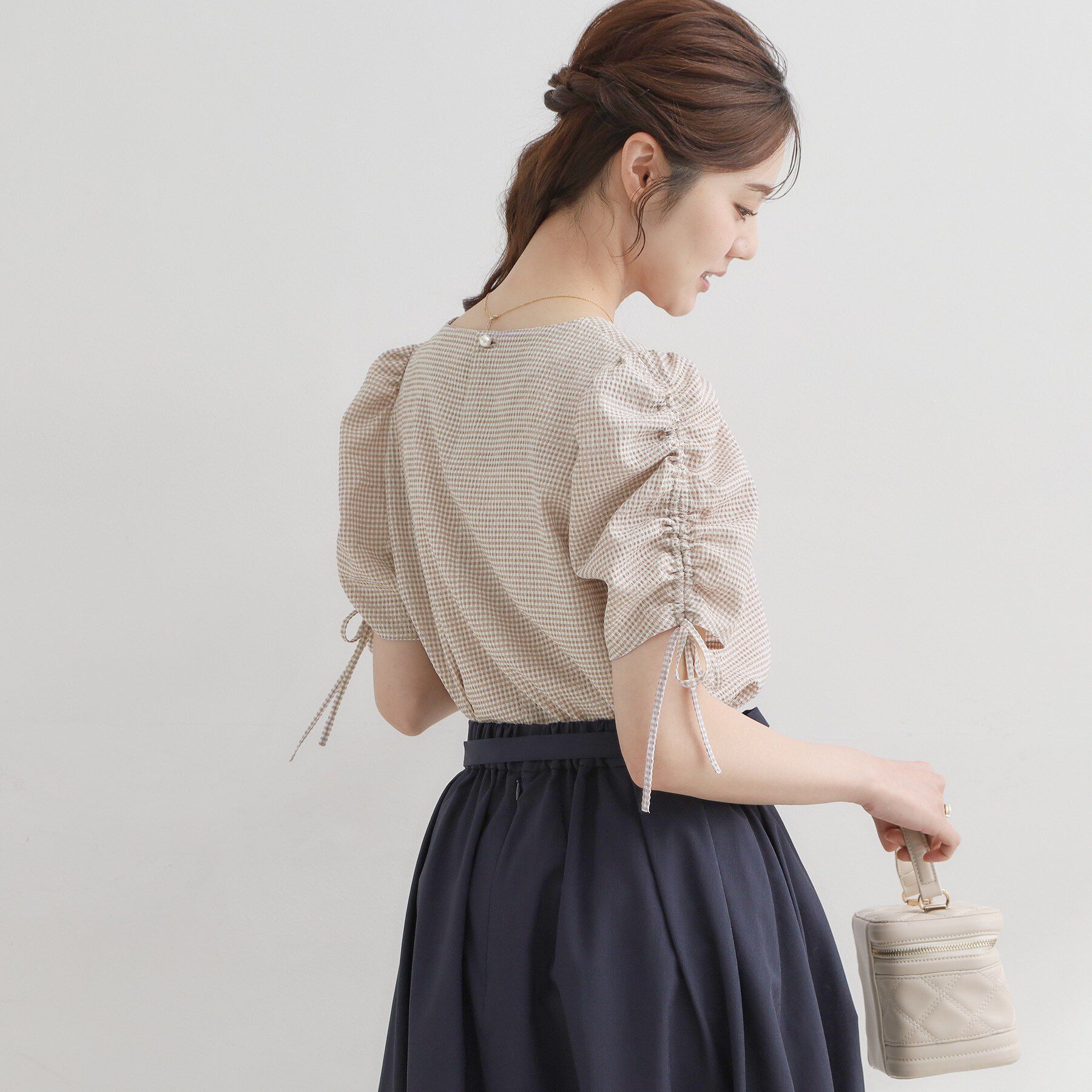 Couture broach「【洗える】シャーリング チェックブラウス」|シャツ・ブラウス|