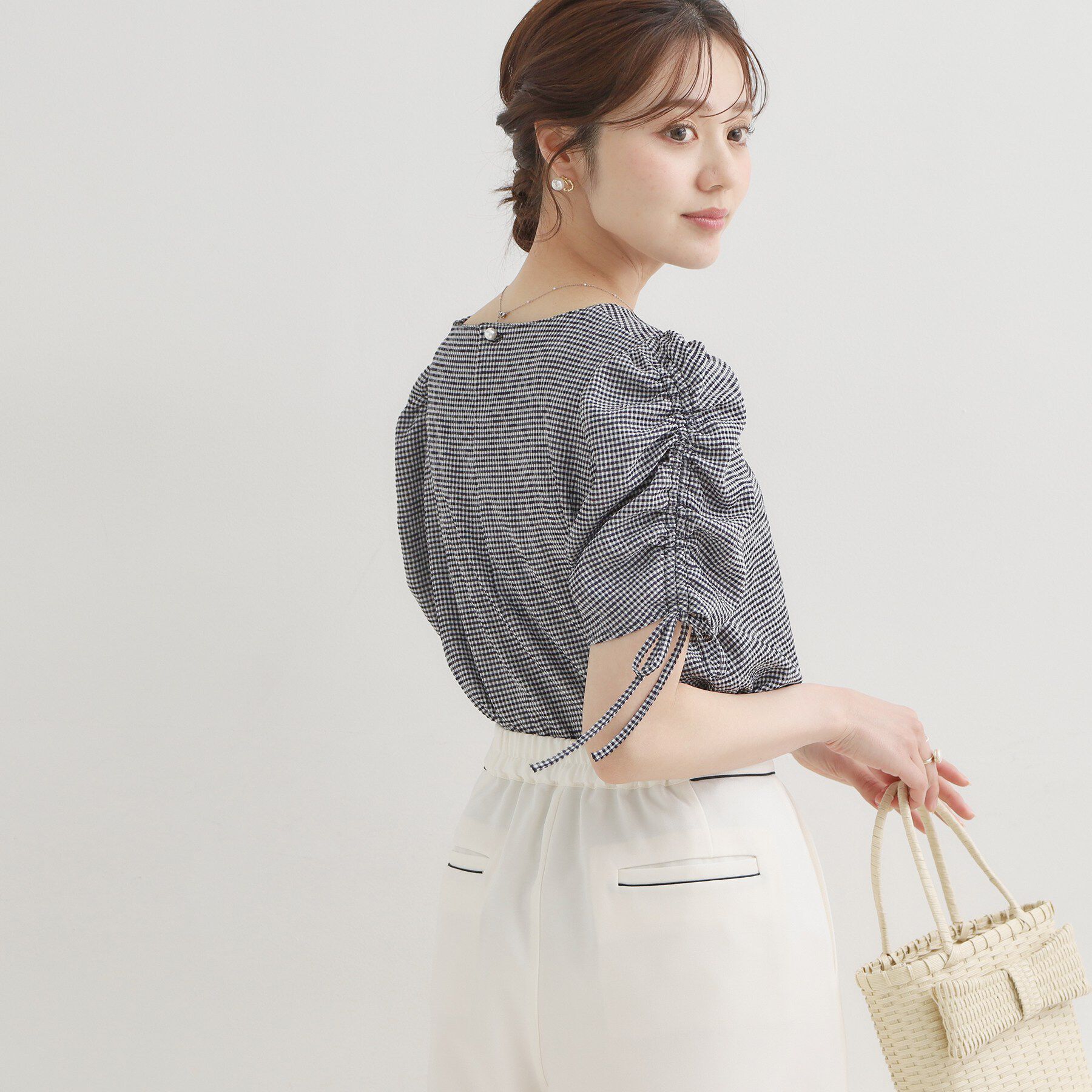 Couture broach「【洗える】シャーリング チェックブラウス」|シャツ・ブラウス|