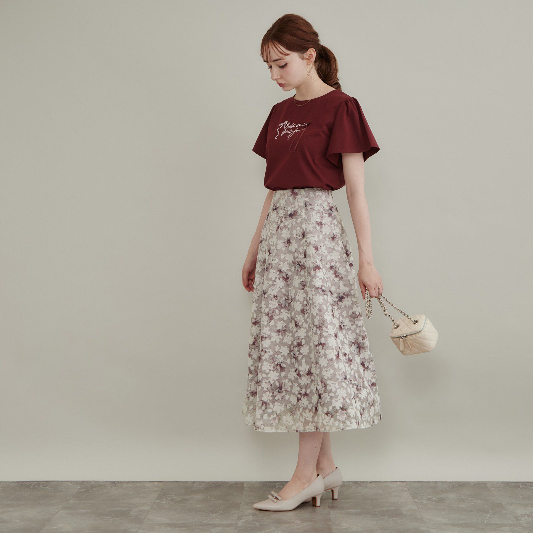 Couture broach「【上品な透け感】オパールチェック花柄スカート【洗濯機可】」|スカート|