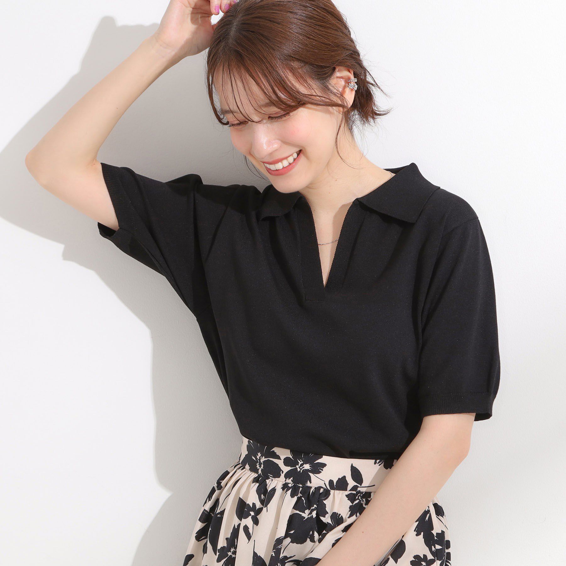 SHOO･LA･RUE「【S-LL/洗える】大人の抜け感 スキッパーニット」|ニット・セーター|ブラック(019)