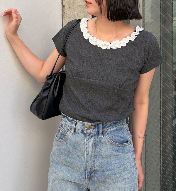  「フリルネックリブＴ」|Tシャツ・カットソー|