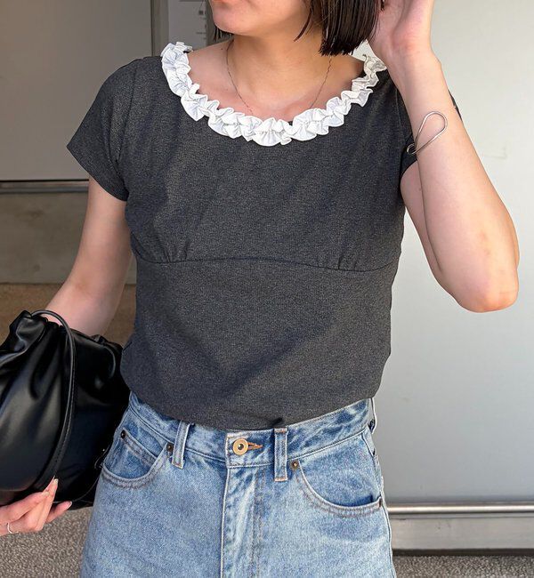  「フリルネックリブＴ」|Tシャツ・カットソー|