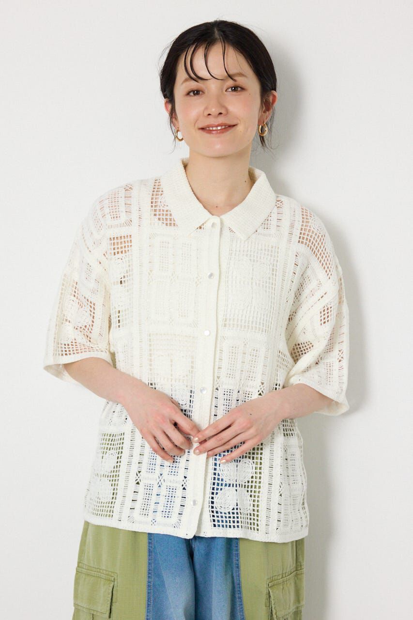 RODEO CROWNS「スクエアクロシェニットシャツ」|カーディガン|O/WHT1