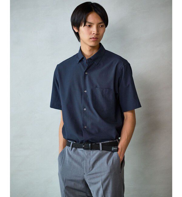 UNITED ARROWS green label relaxing「ポリエステル ラッカン ソリッド スタンダード スナップ ボタンダウン 半袖 シャツ -ストレッチ・イージー」|シャツ・ブラウス|NAVY