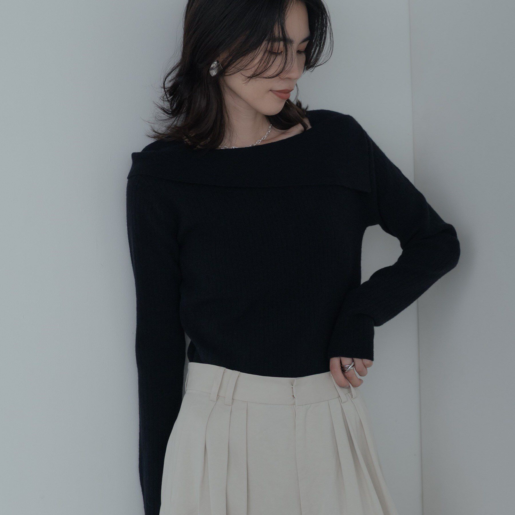 GALLEST「【再入荷】アシメオフショルニット」|ニット・セーター|ブラック(019)