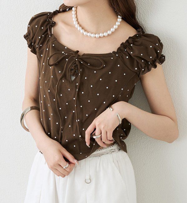  「レースアップフレンチTシャツ」|Tシャツ・カットソー|ブラウン