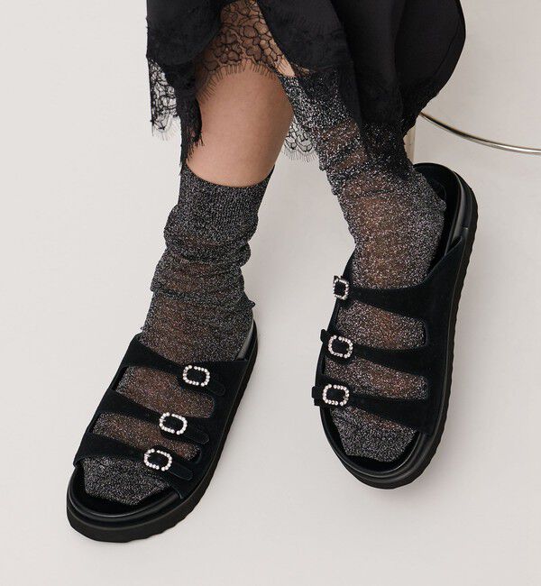UNITED ARROWS「ビジュー 3ライン ミュール」|サンダル|BLACK
