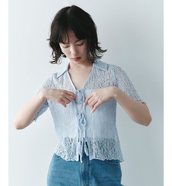 EMMEL REFINES「＜EMMEL REFINES＞カットレース リボン トップス」|Tシャツ・カットソー|LT.BLUE