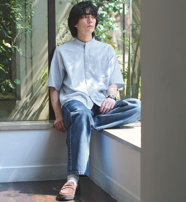 UNITED ARROWS green label relaxing「W/R オックスフォード ストライプ バンドカラー 半袖 シャツ」|シャツ・ブラウス|