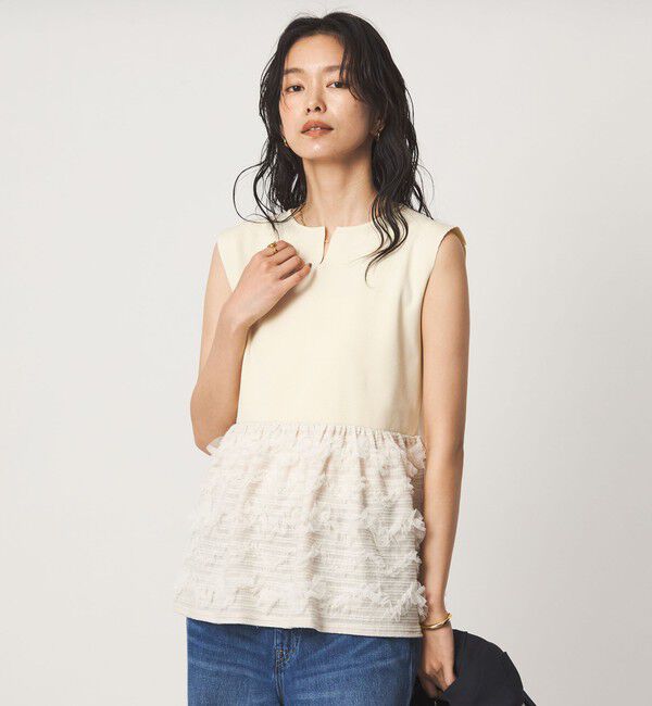 UNITED ARROWS green label relaxing「チュール コンビ フレンチスリーブ ニット」|ニット・セーター|OFF WHITE