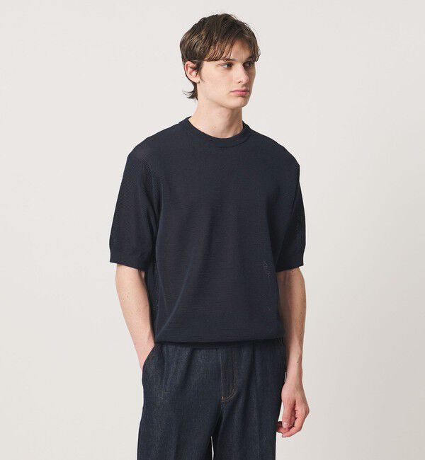 UNITED ARROWS「シャーリーカーン バーズアイ ショートスリーブ クルーネック ニットTシャツ」|ニット・セーター|NAVY