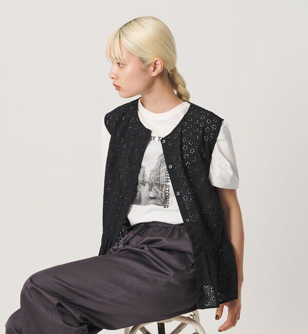 BEAUTY&YOUTH UNITED ARROWS「エンブロイダリー ペプラム ノースリーブ チュニック ウォッシャブル」|シャツ・ブラウス|BLACK
