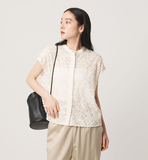 BEAUTY&YOUTH UNITED ARROWS「【WEB限定】シアージャガード バンドカラーフレンチスリーブブラウス ウォッシャブル」|シャツ・ブラウス|OFF WHITE