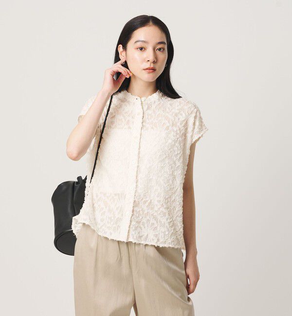 BEAUTY&YOUTH UNITED ARROWS「【WEB限定】シアージャガード バンドカラーフレンチスリーブブラウス ウォッシャブル」|シャツ・ブラウス|