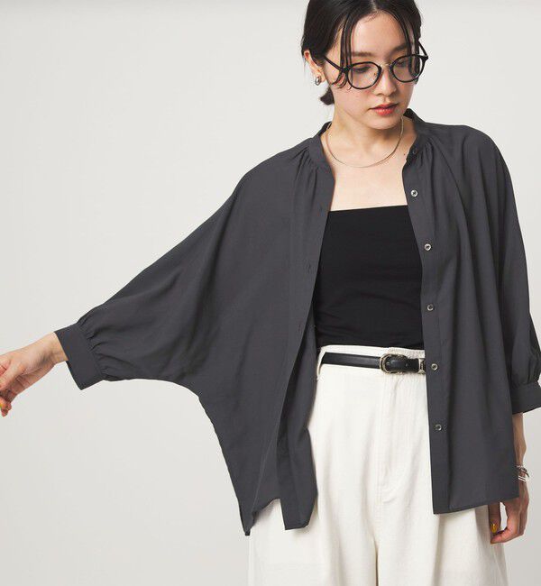 UNITED ARROWS green label relaxing「【WEB限定】＜at ease＞ノーカラー ギャザー ブラウス UVカット 通気性」|シャツ・ブラウス|DK.GRAY