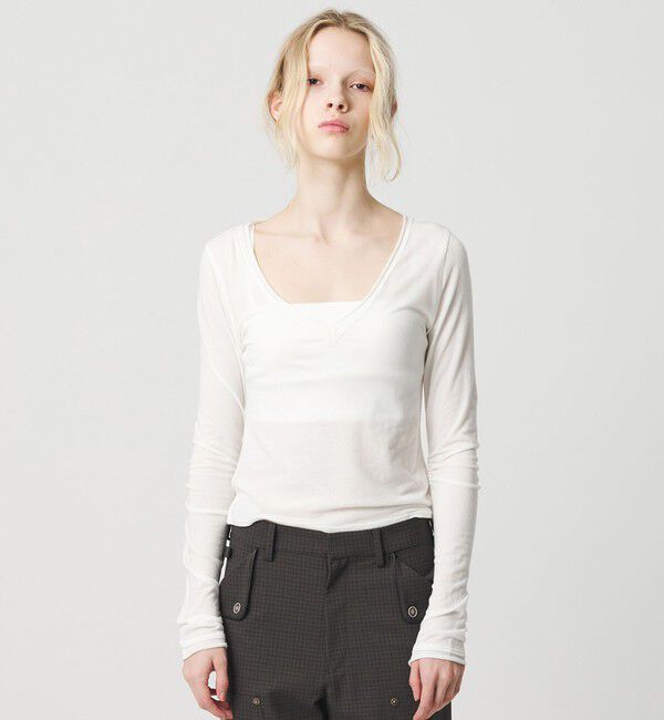 ATTISESSION「＜ATTISESSION＞Vネック ロングスリーブ トップス」|Tシャツ・カットソー|WHITE