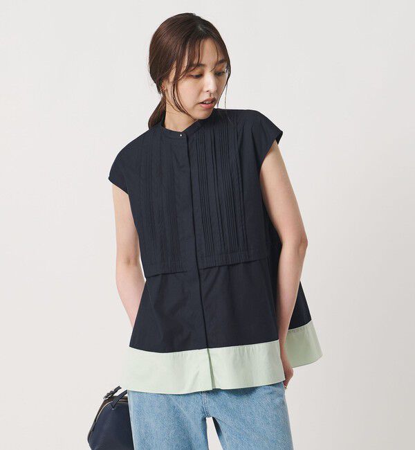 UNITED ARROWS「シルキー ピンタック フレンチスリーブ ブラウス ‐ウォッシャブル‐」|シャツ・ブラウス|NAVY