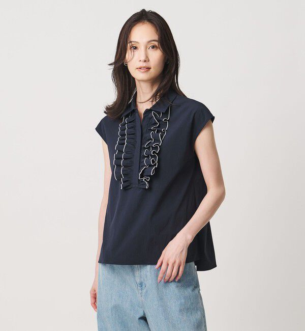 UNITED ARROWS「メロー フリル スキッパー フレンチスリーブ シャツ ‐防シワ 吸水速乾 UVカット 遮熱性 接触冷感‐」|シャツ・ブラウス|NAVY