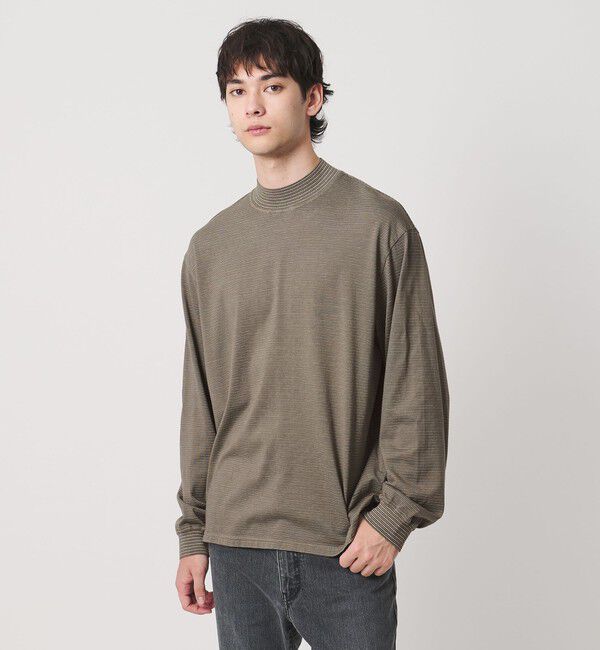 UNITED ARROWS「【別注】＜YONETOMI＞ガーメントダイ モックネック ボーダー Tシャツ」|Tシャツ・カットソー|LT.GRAY