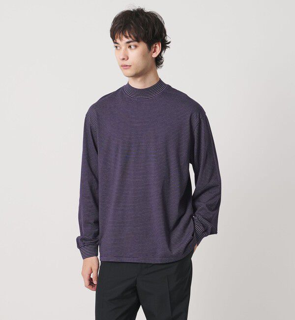 UNITED ARROWS「【別注】＜YONETOMI＞ガーメントダイ モックネック ボーダー Tシャツ」|Tシャツ・カットソー|PURPLE