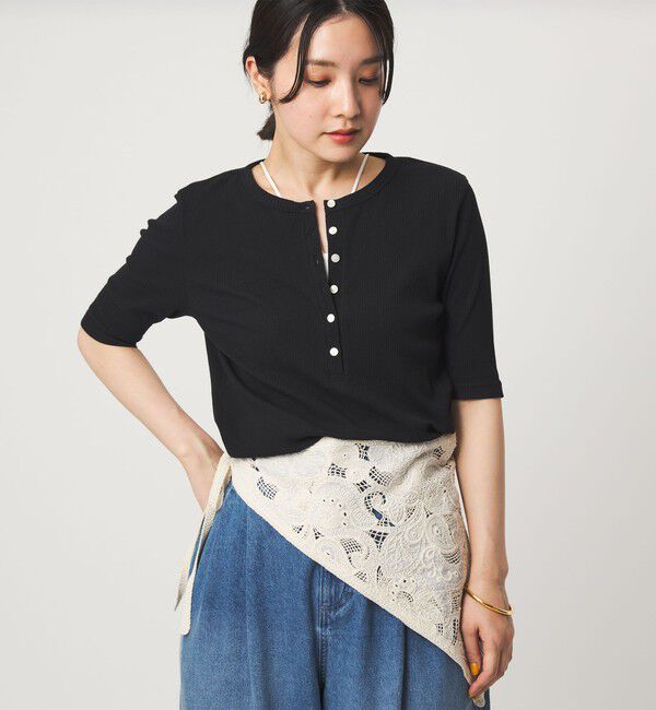 UNITED ARROWS green label relaxing「【WEB限定】＜at ease＞シアーテレコ ヘンリーネック ショートスリーブ カットソー」|Tシャツ・カットソー|BLACK