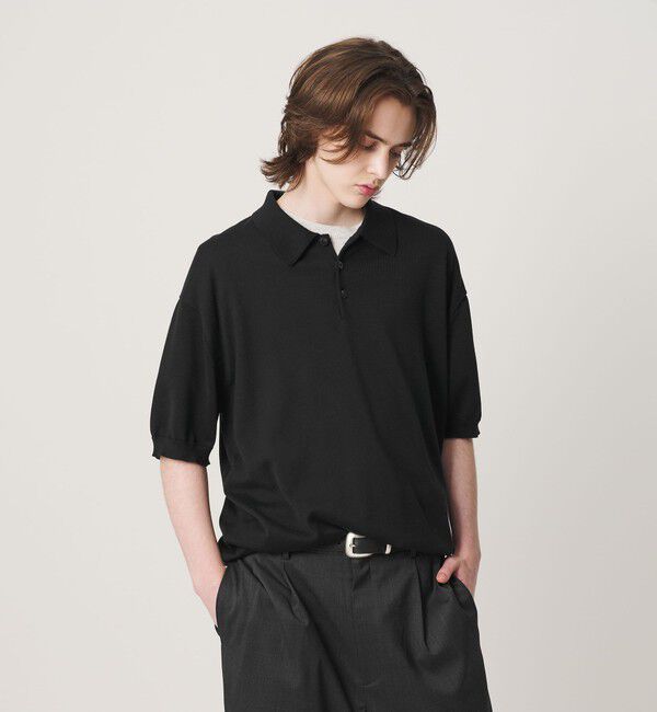 BEAUTY&YOUTH UNITED ARROWS「HI-LINE グロッシー ギザ 3B ニット ポロシャツ ウォッシャブル」|ニット・セーター|BLACK