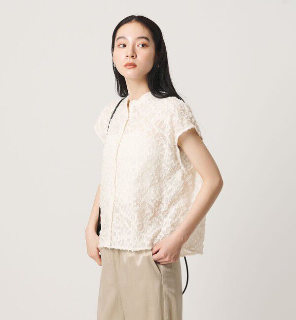 BEAUTY&YOUTH UNITED ARROWS「【WEB限定】シアージャガード バンドカラーフレンチスリーブブラウス ウォッシャブル」|シャツ・ブラウス|