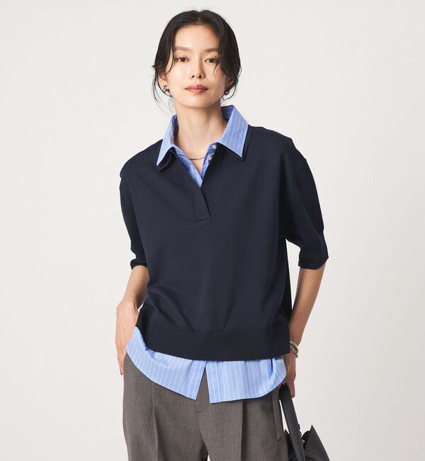 UNITED ARROWS green label relaxing「2WAY スキッパー シャツ プルオーバー ニット 5分袖 」|ニット・セーター|NAVY
