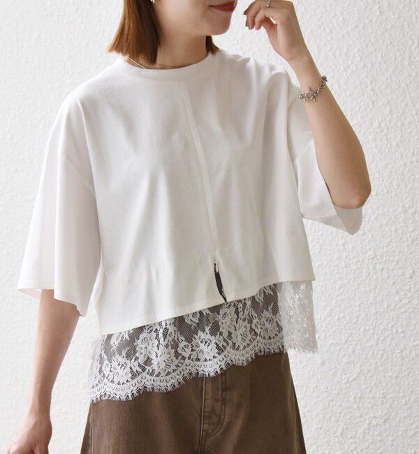 SHIPS any「SHIPS any:〈洗濯機可能〉ジップ レース ヘム ハーフスリーブ TEE」|Tシャツ・カットソー|