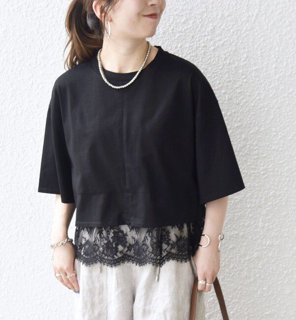 SHIPS any「SHIPS any:〈洗濯機可能〉ジップ レース ヘム ハーフスリーブ TEE」|Tシャツ・カットソー|ブラック系その他