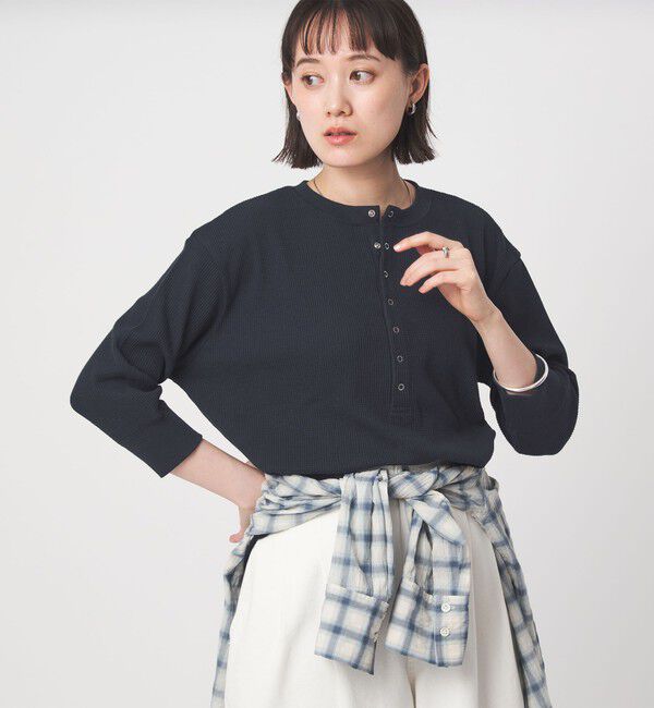 UNITED ARROWS green label relaxing「【WEB限定】＜at ease＞ワッフル ヘンリーネック 5分袖 カットソー」|Tシャツ・カットソー|NAVY