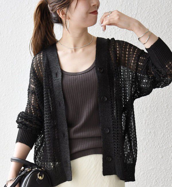 SHIPS any「SHIPS any:〈手洗い可能〉ギマ ワイド Vネック シアー カーディガン」|カーディガン|ブラック