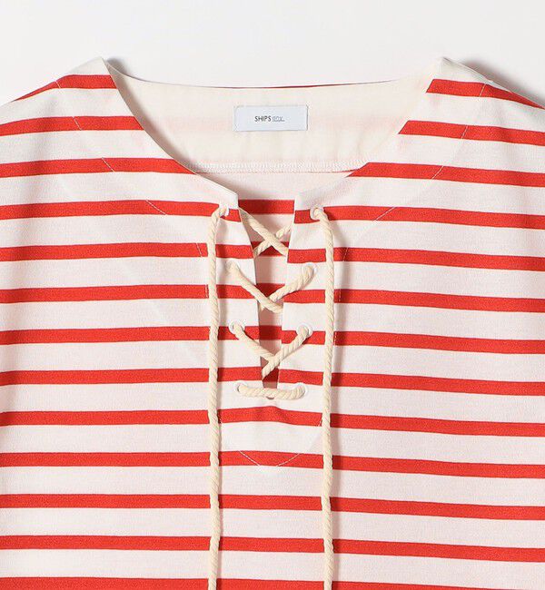 SHIPS any「SHIPS any:〈洗濯機可能〉マリンボーダー レースアップ ショートスリーブ TEE」|Tシャツ・カットソー|