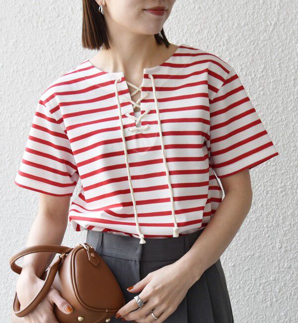 SHIPS any「SHIPS any:〈洗濯機可能〉マリンボーダー レースアップ ショートスリーブ TEE」|Tシャツ・カットソー|