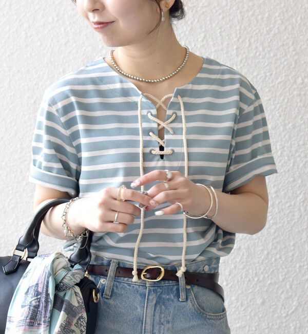 SHIPS any「SHIPS any:〈洗濯機可能〉マリンボーダー レースアップ ショートスリーブ TEE」|Tシャツ・カットソー|