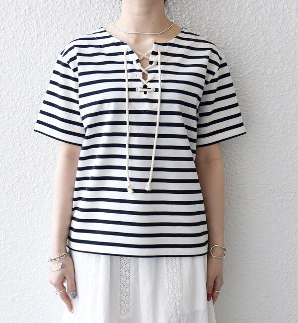 SHIPS any「SHIPS any:〈洗濯機可能〉マリンボーダー レースアップ ショートスリーブ TEE」|Tシャツ・カットソー|