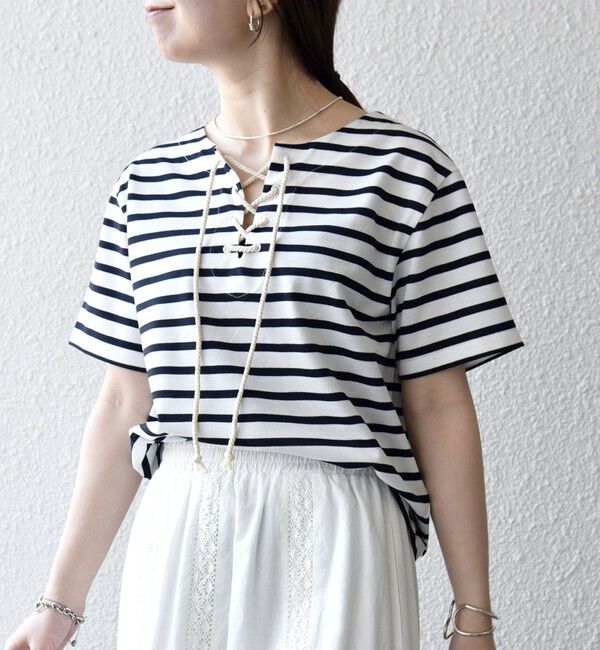 SHIPS any「SHIPS any:〈洗濯機可能〉マリンボーダー レースアップ ショートスリーブ TEE」|Tシャツ・カットソー|