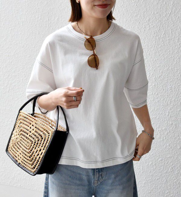 SHIPS any「SHIPS any:〈抗菌防臭/洗濯機可能〉USAコットン 配色 ステッチ ワイド TEE」|Tシャツ・カットソー|