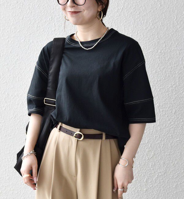SHIPS any「SHIPS any:〈抗菌防臭/洗濯機可能〉USAコットン 配色 ステッチ ワイド TEE」|Tシャツ・カットソー|