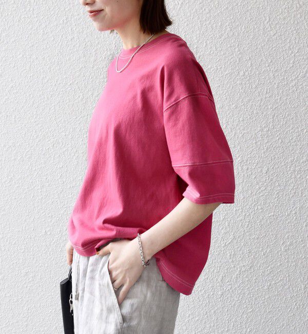 SHIPS any「SHIPS any:〈抗菌防臭/洗濯機可能〉USAコットン 配色 ステッチ ワイド TEE」|Tシャツ・カットソー|ピンク