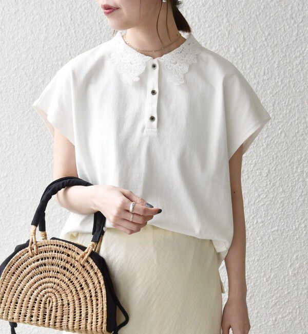 SHIPS any「《一部追加予約》SHIPS any:〈洗濯機可能〉レース カラー フレンチスリーブ ポロ プルオーバー」|Tシャツ・カットソー|