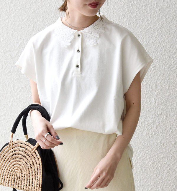 SHIPS any「《一部追加予約》SHIPS any:〈洗濯機可能〉レース カラー フレンチスリーブ ポロ プルオーバー」|Tシャツ・カットソー|