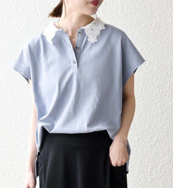 SHIPS any「《一部追加予約》SHIPS any:〈洗濯機可能〉レース カラー フレンチスリーブ ポロ プルオーバー」|Tシャツ・カットソー|