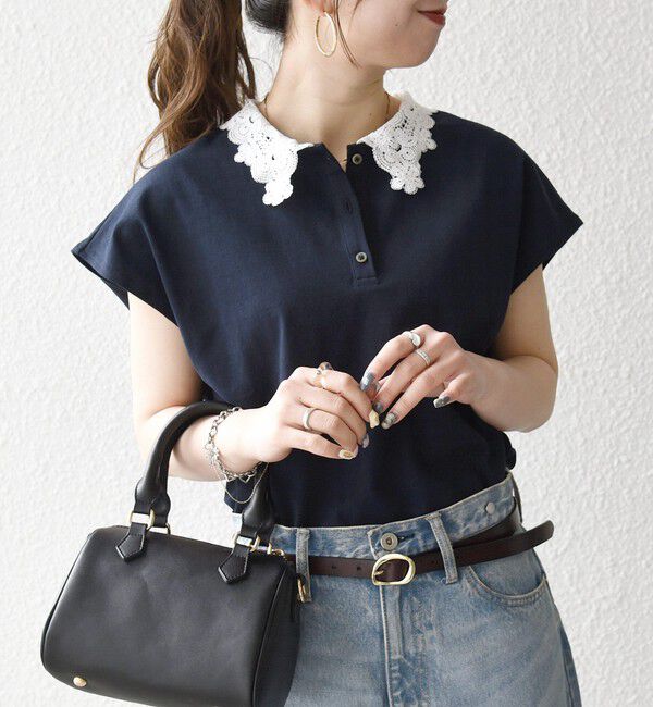 SHIPS any「《一部追加予約》SHIPS any:〈洗濯機可能〉レース カラー フレンチスリーブ ポロ プルオーバー」|Tシャツ・カットソー|