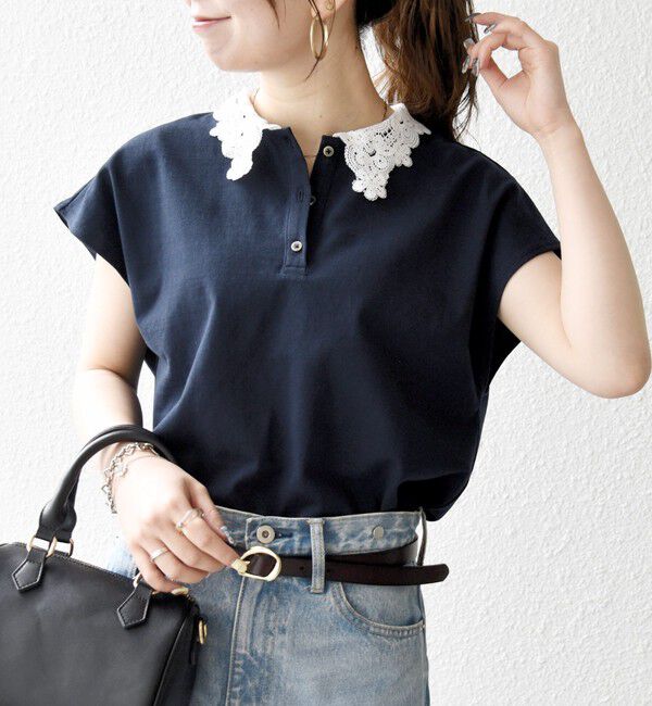 SHIPS any「《一部追加予約》SHIPS any:〈洗濯機可能〉レース カラー フレンチスリーブ ポロ プルオーバー」|Tシャツ・カットソー|