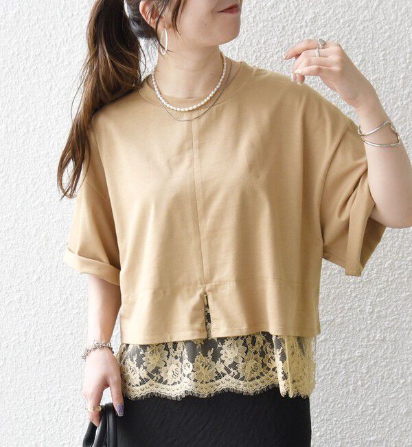 SHIPS any「SHIPS any:〈洗濯機可能〉ジップ レース ヘム ハーフスリーブ TEE」|Tシャツ・カットソー|ベージュ系その他